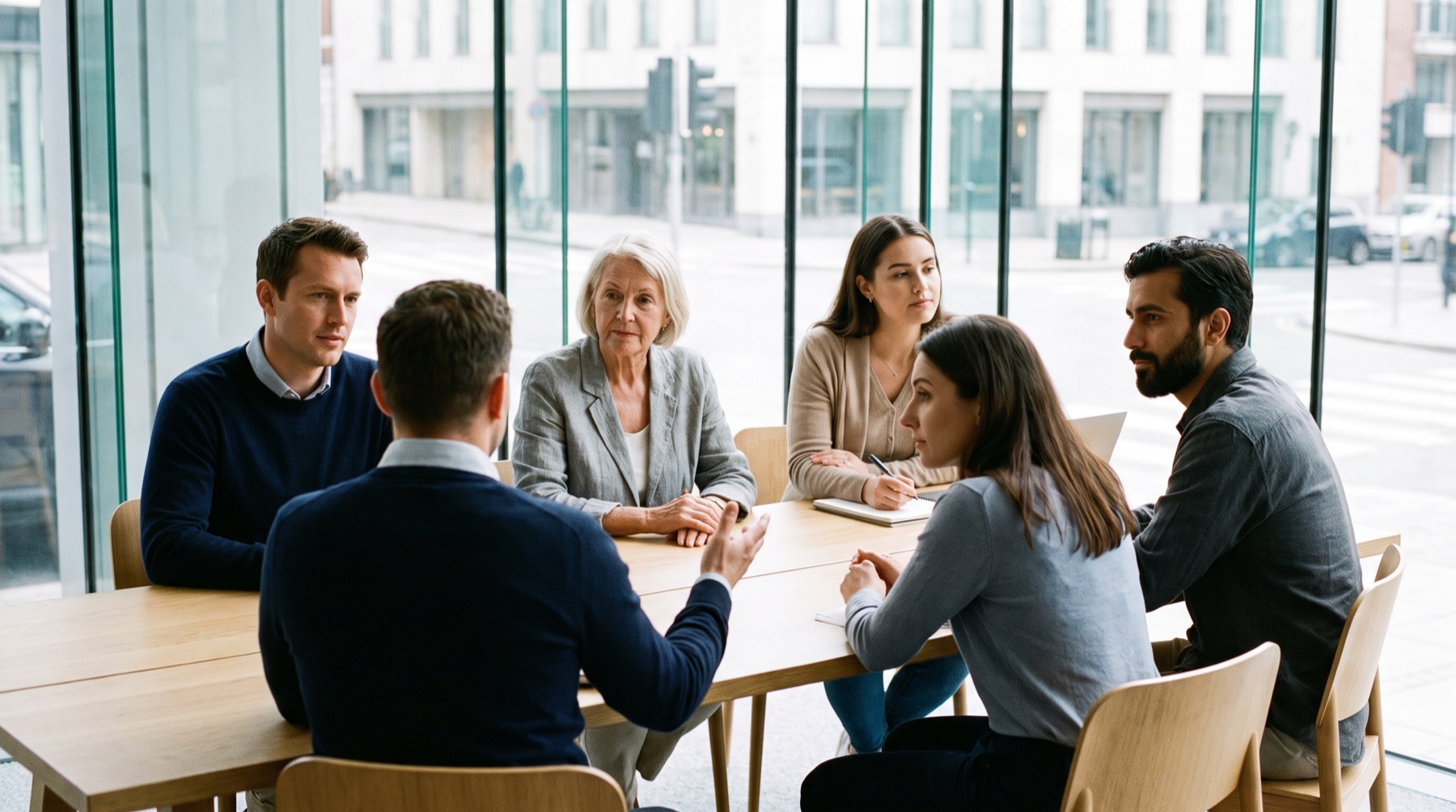 Small team collaborating around a table in a bright meeting room