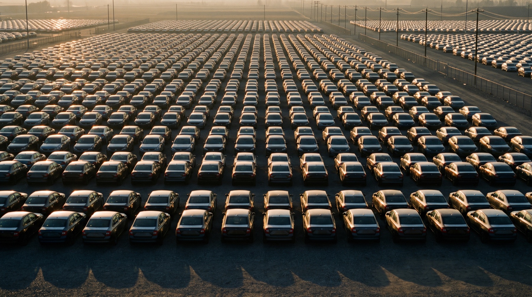 Rows of new cars in a distribution yard at golden hour