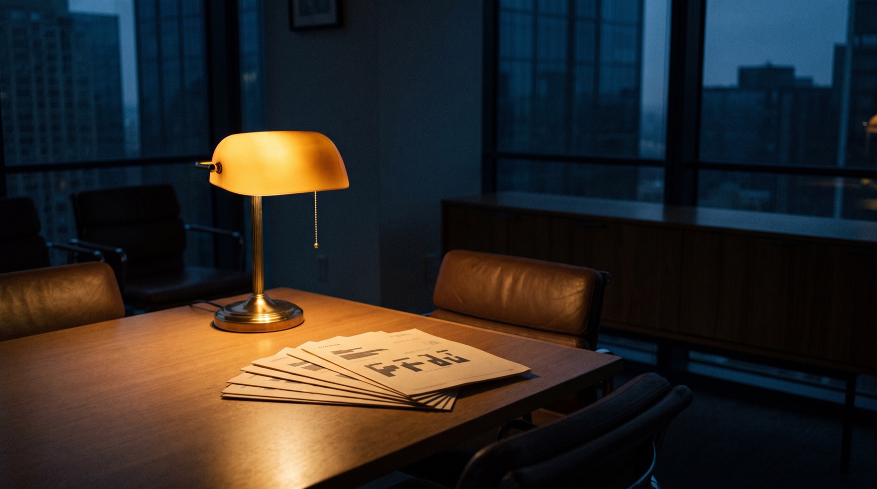 Finance workspace at dusk lit by a warm desk lamp