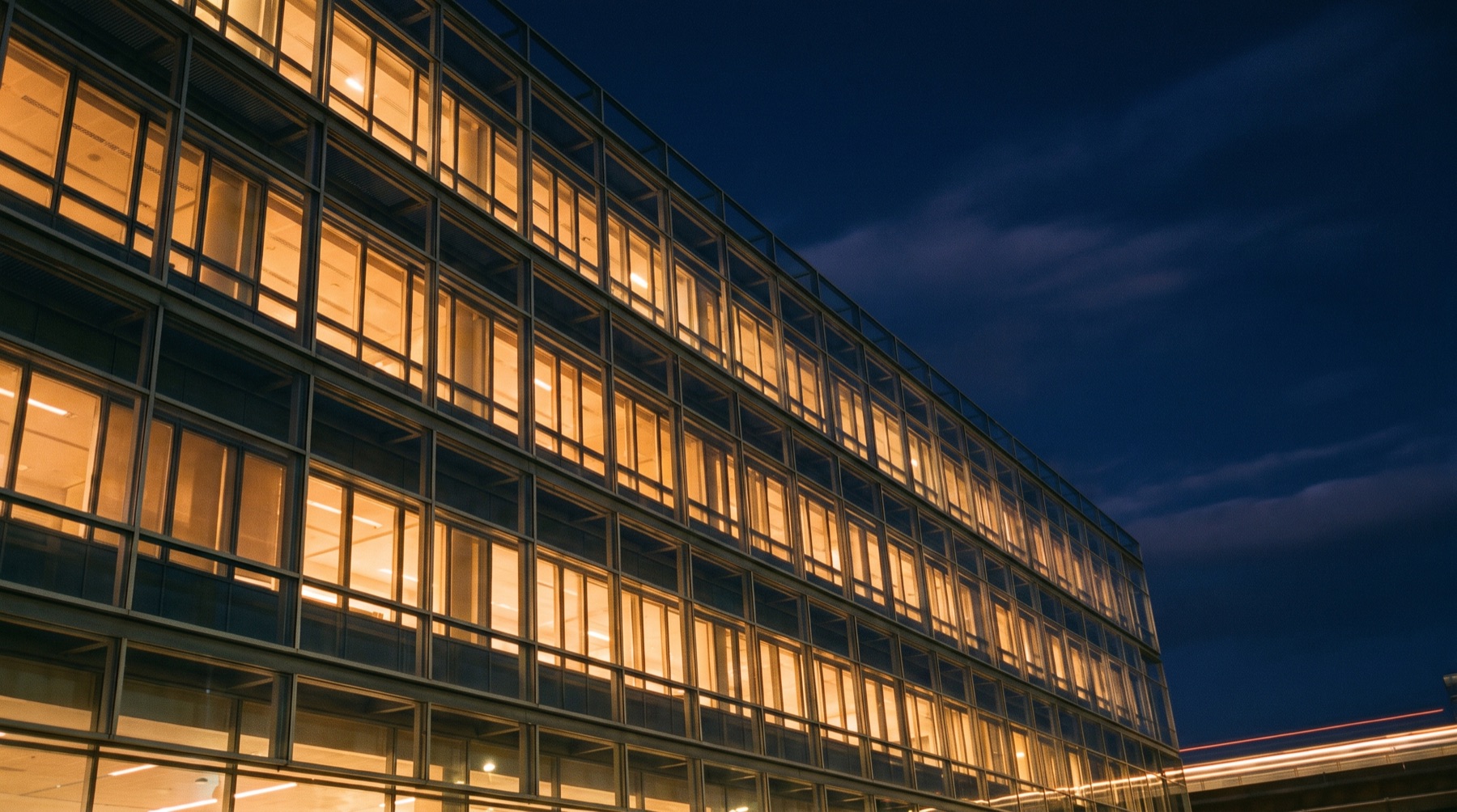 Modern building facade at blue hour